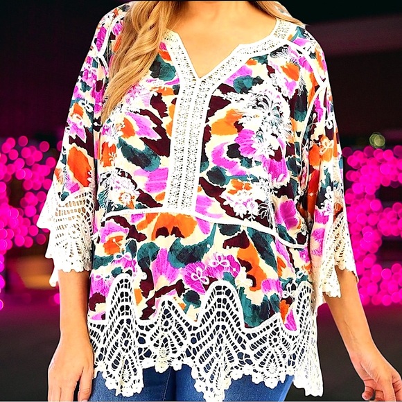 🆕Democracy Women’s plus-size Multicolor Floral Crochet-Lace Blouse Top❤️❤️3X - Picture 1 of 8